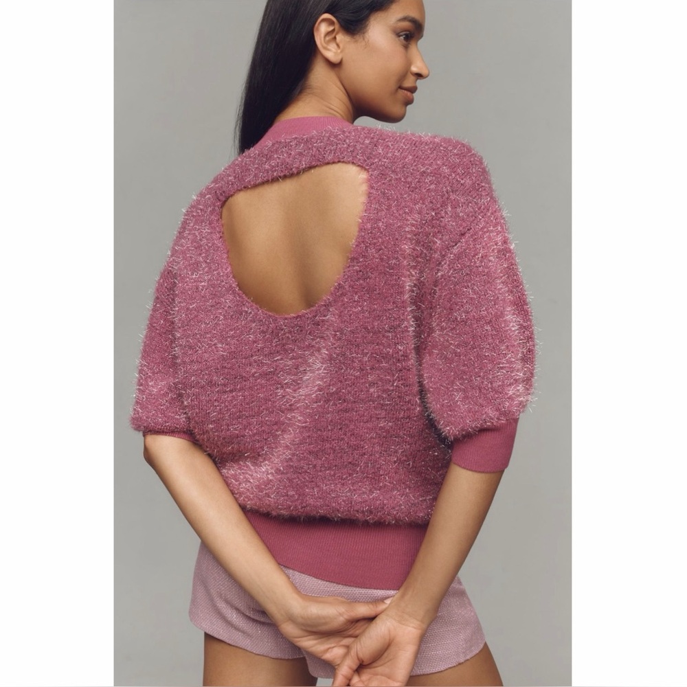 Anthropologie Maeve Violetta Pink Tinsel Cutout Sweater XXS Party Knit Top